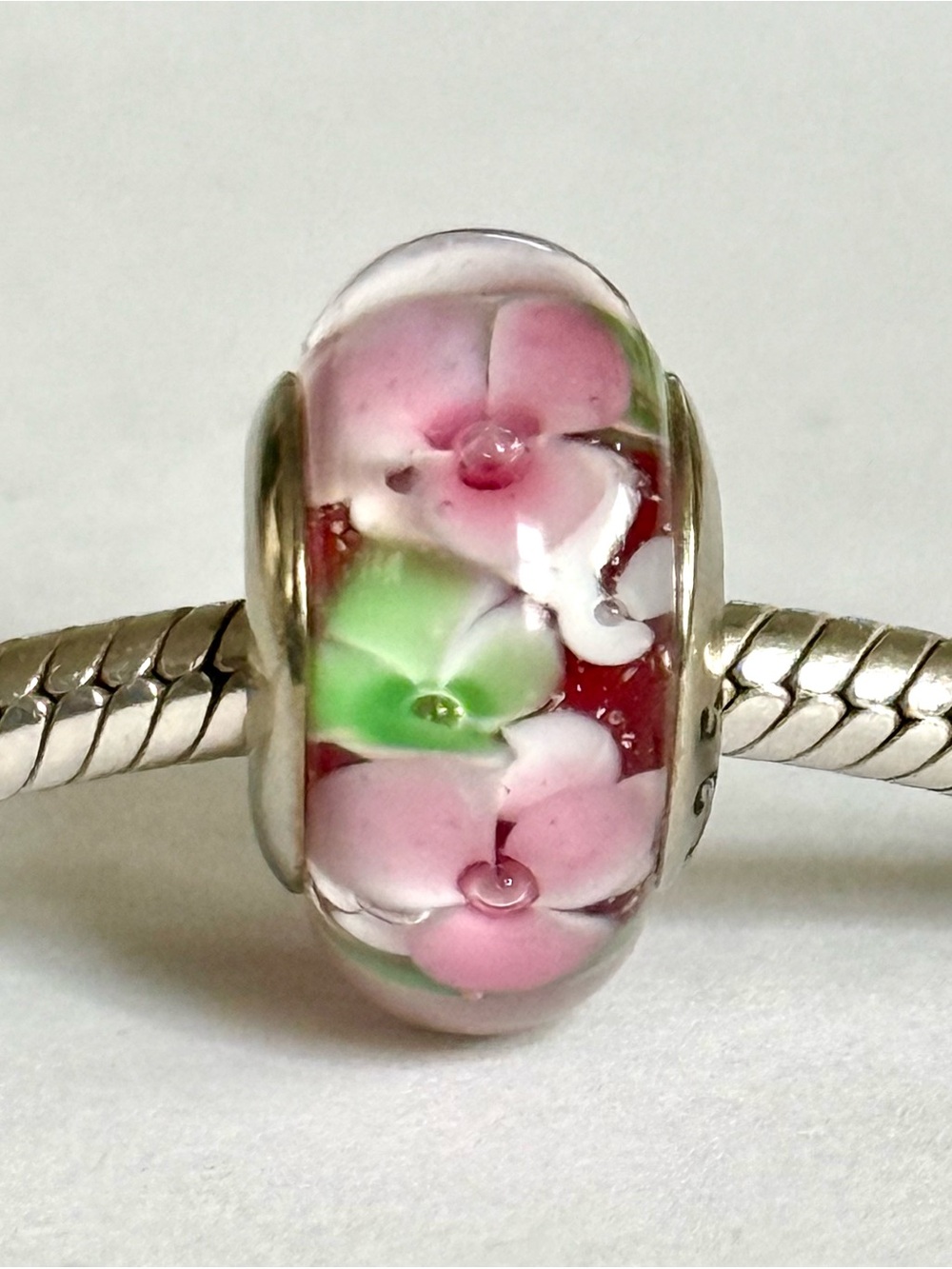 Pink and green flowers Murano charm fit Pandora bracelets